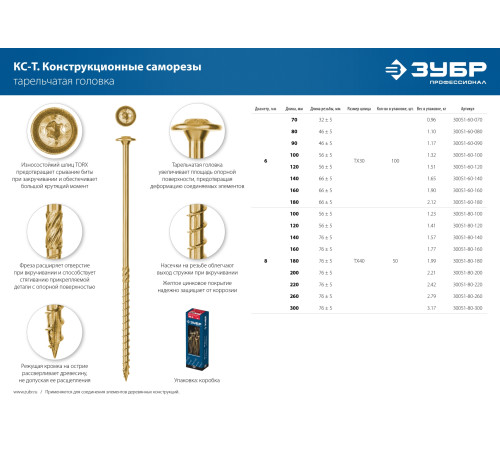 ЗУБР КС-Т, 80 х 6.0 мм, TX30, тарельчатая головка, желтый цинк, 100 шт, конструкционный саморез, Профессионал (30051-60-080) купить  в Сочи