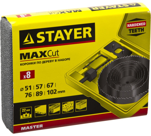 STAYER Maxcut, 6 шт, 51-102 мм, набор кольцевых коронок по дереву (29600-H8) купить  в Сочи