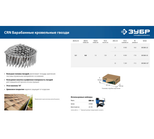 ЗУБР CRN 25 х 3.1 мм, барабанные гвозди кровельные оцинкованные, 9000 шт (305385-25) купить  в Сочи