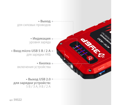 ЗУБР АПУ-400, 12 В, макс. 400 А, аккумуляторное пусковое устройство (59322) купить  в Сочи