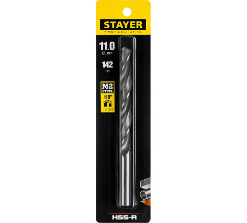 STAYER HSS-R, 11.0 х 142 мм, быстрорежущая сталь P6M5, сверло по металлу, Professional (29602-11) купить  в Сочи