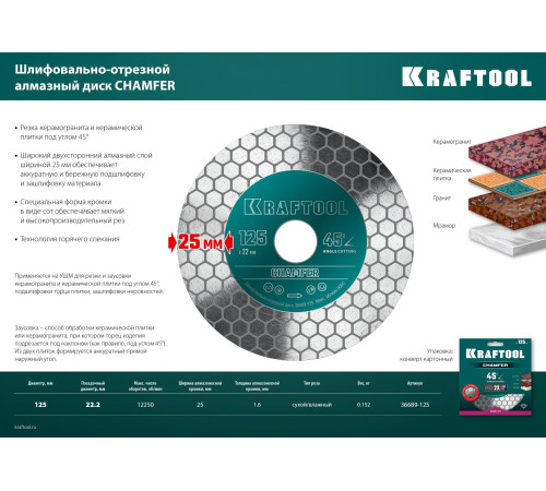 KRAFTOOL CHAMFER 125 мм (22.2 мм, 25х1.6 мм) Шлифовально-отрезной алмазный диск (36689-125) купить в Сочи KRAFTOOL CHAMFER 125 мм (22.2 мм, 25х1.6 мм) Шлифовально-отрезной алмазный диск (36689-125) купить в Сочи