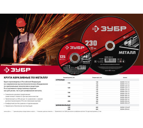 ЗУБР 125 x 1.0 х 22.2 мм, для УШМ, круг отрезной по металлу (36300-125-1.0) купить  в Сочи