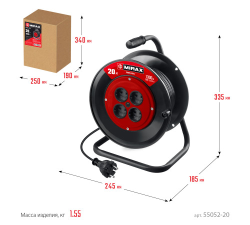 MIRAX ПВС, 2 х 0.75 мм2, 20 м, 1300 Вт, удлинитель на катушке (55052-20) купить  в Сочи