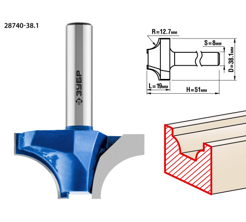 ЗУБР 38.1 x 19 мм, радиус 12.7 мм, фреза пазовая фасонная №1, Профессионал (28740-38.1) купить  в Сочи