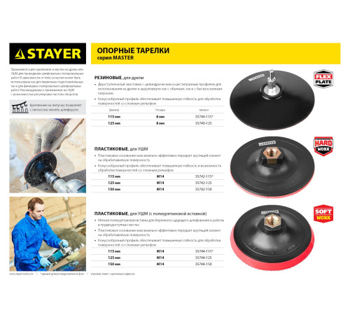 STAYER М14, d 150 мм, пластиковая, жесткая опорная тарелка на липучке для УШМ (35742-150) купить  в Сочи