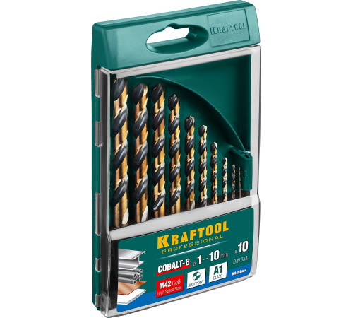 KRAFTOOL COBALT-8, 10 шт, (1-10 мм), сталь М42, HSS-Co(8%), набор сверл по металлу (29656-H10) купить  в Сочи