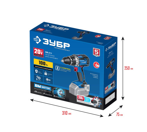 ЗУБР Т7, 20 В, 100 Н·м, без АКБ, бесщеточная дрель-шуруповерт, Профессионал (DB-211) купить  в Сочи