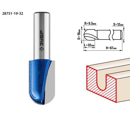 ЗУБР 19 x 32 мм, радиус 12.7 мм, фреза пазовая галтельная, Профессионал (28751-19-32) купить  в Сочи