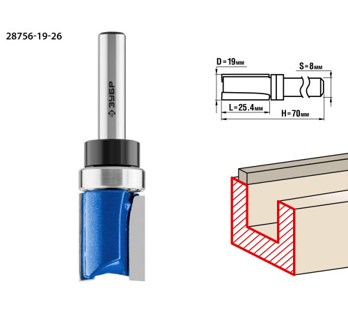 ЗУБР 19 x 26 мм, хвостовик 8 мм, фреза пазовая прямая с верхним подшипником, Профессионал (28756-19-26) купить  в Сочи