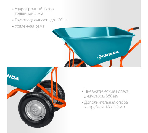 GRINDA GP-1, кузов увеличенного объема 260 л, г/п 120 кг, ударопрочный пластик, тачка садовая PROLine (422401) купить  в Сочи