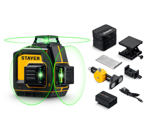STAYER SL-3D #2, 50м, точн. +/-0,5 мм/м, зеленый лазерный нивелир, микролифт, держатель (34963-2) для горизонтальной и вертикальной разметки при строительстве или отделочных работах