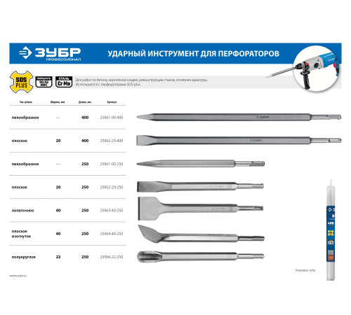 ЗУБР БУРАН, 22 x 250 мм, SDS-Plus, плоское зубило, Профессионал (29366-22-250) купить  в Сочи