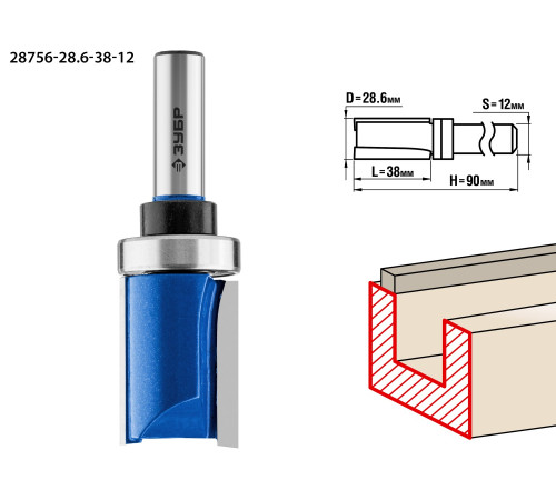 ЗУБР 28.6 x 38 мм, хвостовик 12 мм, фреза пазовая прямая с верхним подшипником, Профессионал (28756-28.6-38-12) купить  в Сочи