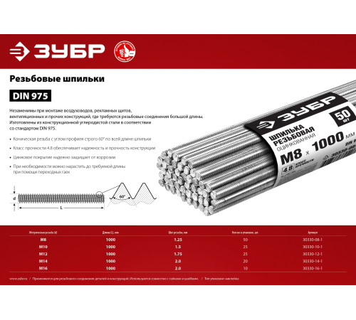 ЗУБР DIN 975, кл. пр. 4.8, М12 х 1000 мм, цинк, 25 шт, резьбовая шпилька (30330-12-1) купить  в Сочи