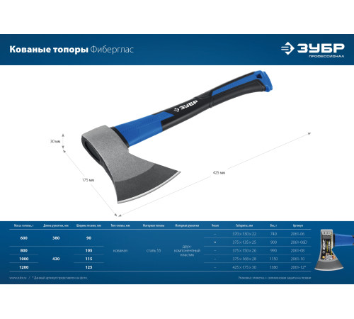 ЗУБР Фибергласс, 600/880 г, 380 мм, кованый топор, Профессионал (2061-06) купить  в Сочи