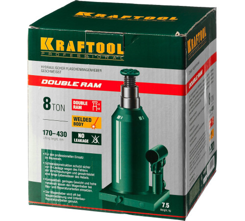 KRAFTOOL DOUBLE RAM, 8 т, 170 - 430 мм, с увеличенным подъемом, двухштоковый бутылочный домкрат (43463-8) купить  в Сочи