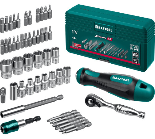 KRAFTOOL X-Drive-49, 49 шт, набор бит и головок с битодержателем и трещоткой (25816) купить  в Сочи