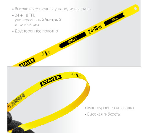 STAYER Duplex 24 + 18 TPI, 12 х 300 мм, 1 шт, коробка 50 шт, двустороннее полотно по металлу (1589-02) купить  в Сочи
