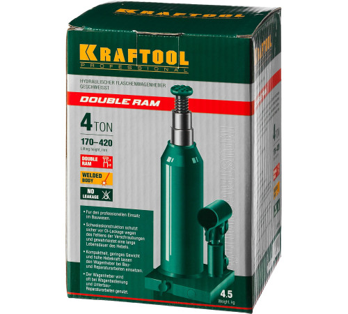 KRAFTOOL DOUBLE RAM, 4 т, 170 - 420 мм, с увеличенным подъемом, двухштоковый бутылочный домкрат (43463-4) купить в Сочи KRAFTOOL DOUBLE RAM, 4 т, 170 - 420 мм, с увеличенным подъемом, двухштоковый бутылочный домкрат (43463-4) купить в Сочи