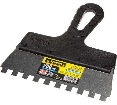 STAYER PROFlat, 200 мм, зуб 10 х 10 мм, пластиковая ручка, зубчатый, нержавеющий фасадный шпатель, Professional (1009-20-10) купить  в Сочи