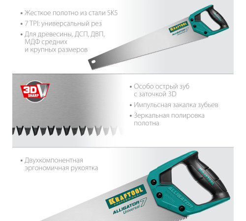KRAFTOOL Alligator Universal 7, 550 мм, 7 TPI, 3D зуб, универсальная ножовка (15004-55) купить  в Сочи