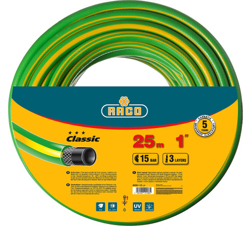 RACO CLASSIC, 1″, 25 м, 15 атм, трёхслойный, армированный, поливочный шланг (40306-1-25) купить в Сочи RACO CLASSIC, 1″, 25 м, 15 атм, трёхслойный, армированный, поливочный шланг (40306-1-25) купить в Сочи