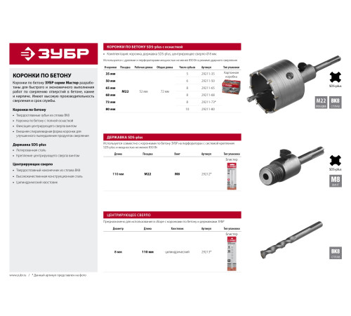 ЗУБР 73 мм, SDS - Plus, 9Т, коронка по бетону с оснасткой (29211-73) купить  в Сочи