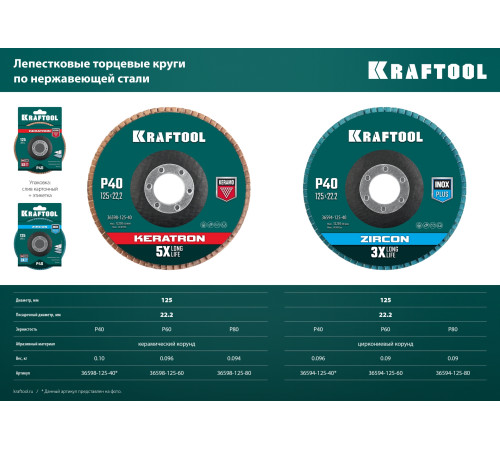 KRAFTOOL 125 х 22.2 мм, P80, круг лепестковый керамический торцевой по нержавеющей стали (36598-125-80) купить  в Сочи