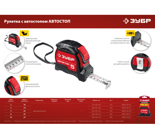 ЗУБР Автостоп, 3 м х 16 мм, рулетка с автостопом (34052-03-16) купить  в Сочи