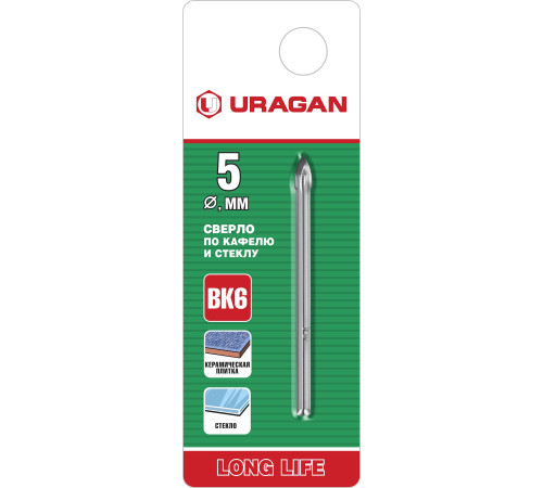 URAGAN 5 мм, 2х кромка, цилиндр хвостовик, Сверло по стеклу и кафелю (29830-05) купить  в Сочи