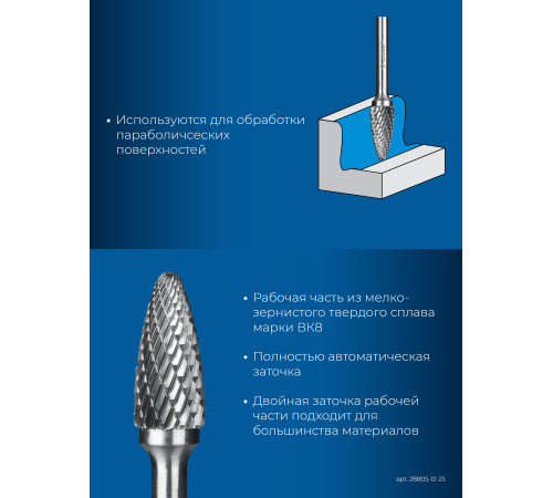 ЗУБР 12х25 мм, тип F (парабола с закругленным углом, радиус 3.0 мм), хв-к 6 мм, твердосплавная борфреза, ПРОФЕССИОНАЛ (28805-12-25) купить  в Сочи