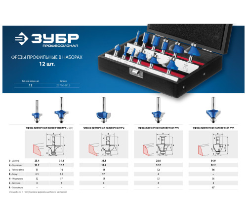 ЗУБР 12 шт, набор профильных фрез по дереву, Профессионал (28796-H12) купить  в Сочи