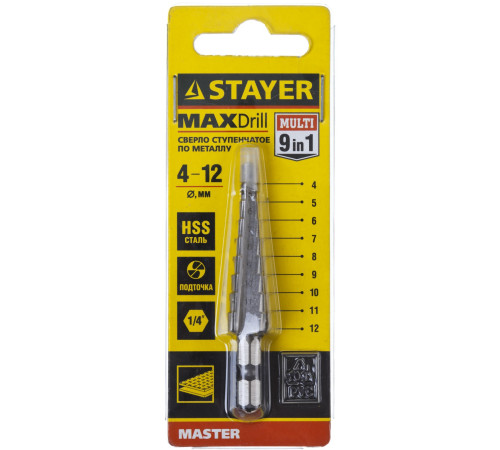 STAYER 4-12 мм, 9 ступеней, сталь HSS, ступенчатое сверло (29660-4-12-9) купить в Сочи STAYER 4-12 мм, 9 ступеней, сталь HSS, ступенчатое сверло (29660-4-12-9) купить в Сочи