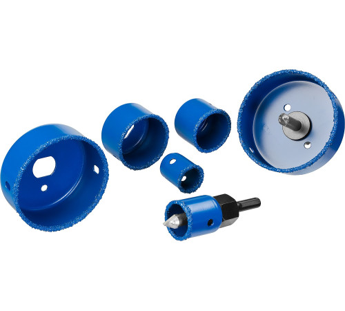 ЗУБР 6 шт, d 22, 28, 35, 44, 68, 73 мм, L 25 мм, карбид вольфрама, набор коронок-чашек с оснасткой, Профессионал (33360-H6) купить  в Сочи