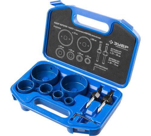 ЗУБР 6 шт, d 22, 28, 35, 44, 68, 73 мм, L 25 мм, карбид вольфрама, набор коронок-чашек с оснасткой, Профессионал (33360-H6) купить  в Сочи