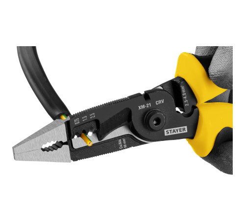 STAYER XM-21, резка d 14мм, зачистка 0.75 – 25 мм2, кримпер 2.5 мм2, плоскогубцы 210 мм, электромонтажные клещи, Professional (23342-21) купить  в Сочи