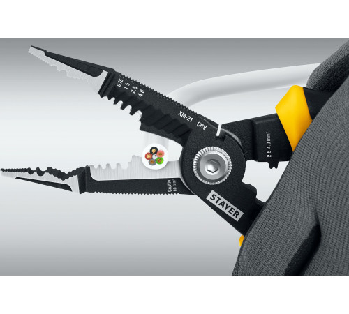 STAYER XM-21, резка d 14мм, зачистка 0.75 – 25 мм2, кримпер 2.5 мм2, плоскогубцы 210 мм, электромонтажные клещи, Professional (23342-21) купить  в Сочи