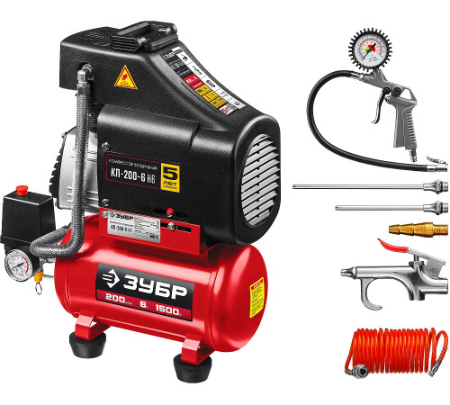 ЗУБР 200 л/мин, 6 л, 1500 Вт, 6 предметов, безмасляный компрессор (КП-200-6 Н6) купить  в Сочи