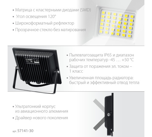 ЗУБР ПСК-30, 30 Вт, 6500 К, IP 65, светодиодный прожектор, Профессионал (57141-30) купить  в Сочи