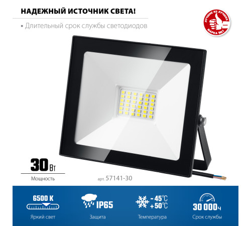 ЗУБР ПСК-30, 30 Вт, 6500 К, IP 65, светодиодный прожектор, Профессионал (57141-30) купить  в Сочи