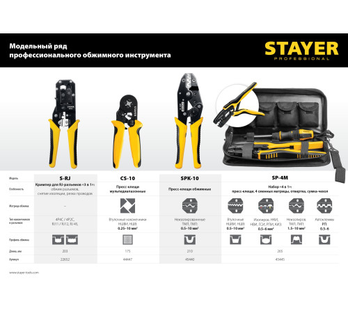 STAYER CS-10, 0.25 - 10 мм2, мультидиапазонные пресс-клещи с квадратным профилем для втулочных наконечников, Professional (44447) купить  в Сочи