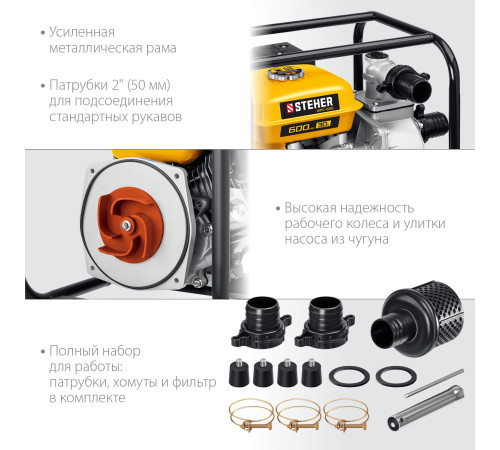 STEHER 600 л/мин, мотопомпа бензиновая (WPC-600) купить  в Сочи