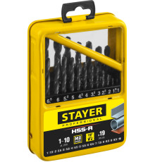 STAYER HSS-R, 19 шт, (1-10 мм), быстрорежущая сталь P6M5, класс В, мет.бокс, набор сверл по металлу, Professional (29602-H19-M)