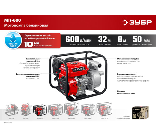 ЗУБР 600 л/мин, мотопомпа бензиновая (МП-600) купить  в Сочи