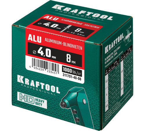 KRAFTOOL Alu (Al5052), 4.0 x 8 мм, 1000 шт, алюминиевые заклепки (311701-40-08) купить  в Сочи