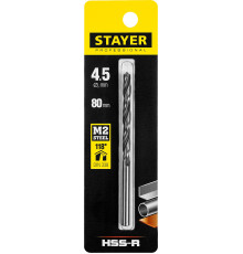 STAYER HSS-R, 4.5 х 80 мм, быстрорежущая сталь P6M5, сверло по металлу, Professional (29602-4.5)