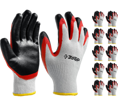 ЗУБР х2 ЗАЩИТА, L-XL, х/б перчатки с двойным латексным обливом, повышенной износостойкости, 13 класс, 10 пар (11459-K10) купить  в Сочи