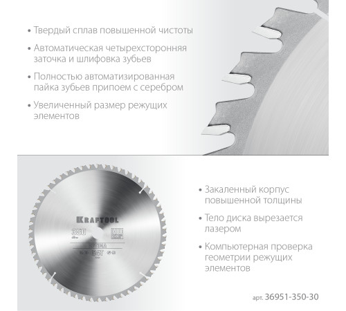KRAFTOOL Optima, 350 х 30 мм, 54Т, пильный диск по дереву (36951-350-30) купить  в Сочи
