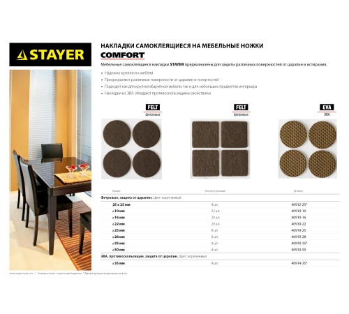 STAYER 25 х 25 мм, самоклеящиеся, фетровые, 4 шт, коричневые, мебельные накладки (40912-25) купить в Сочи STAYER 25 х 25 мм, самоклеящиеся, фетровые, 4 шт, коричневые, мебельные накладки (40912-25) купить в Сочи